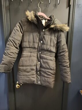 bebe Girls Puff Jacket with Faux Fur Trim - Brown